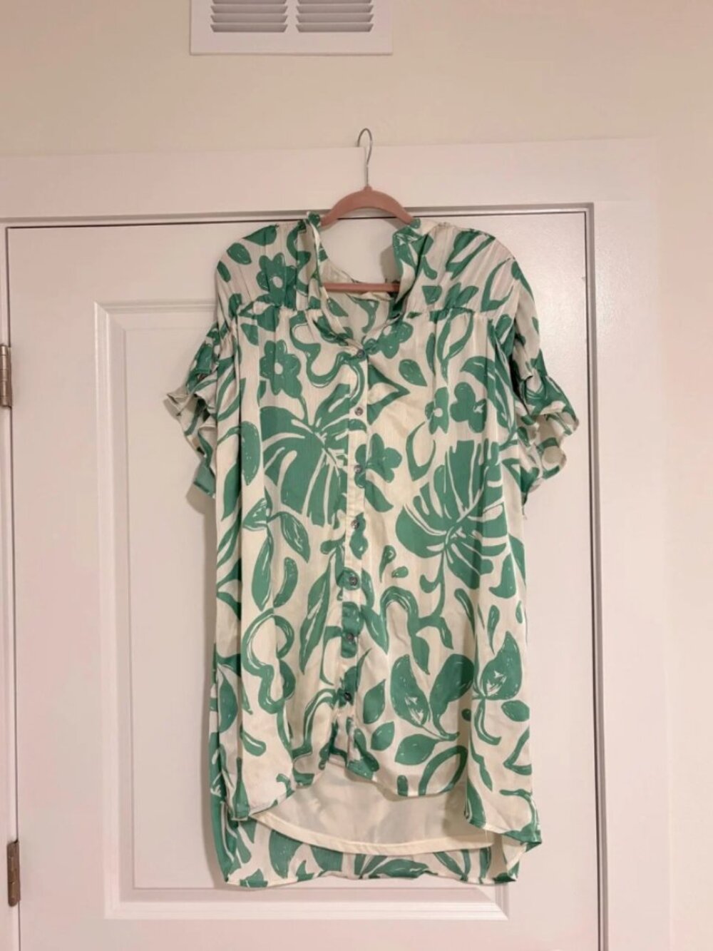 Green Floral Button-Front Womens Top